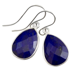 Lapis Lazuli Earrings Natural Blue Pear Cut Bezel Set Blue Drops Sterling Silver or 14k Gold Filled Dainty Faceted Simple Teardrops