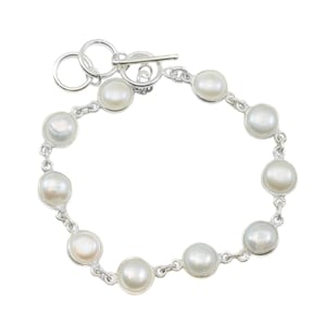 Freshwater Cultured Button Pearl Bracelet White Cultured Sterling Silver 14k Gold Plate Adjustable Toggle Clasp 7  8 Inches Simple Bezel