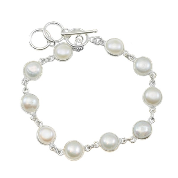 Freshwater Button Pearl Bracelet White Cultured Sterling Silver 14k Gold Plate Adjustable Toggle Clasp 7  8 Inches Inch Simple Button  Bezel