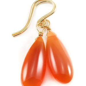Carnelian Earrings Smooth Long Teardrop Sterling Silver or 14k Solid Gold or Filled natural earthy orange Chalcedony simple drops spyglass