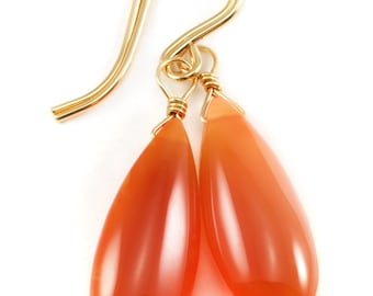 Carnelian Earrings Smooth Long Teardrop Sterling Silver or 14k Solid Gold or Filled natural earthy orange Chalcedony simple drops spyglass
