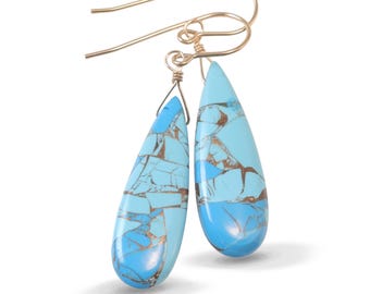 Copper Blue Turquoise Earrings Long Sterling Silver or 14k Solid Yellow Gold or Filled Mosaic Veining Simple Drops Spyglass Designs