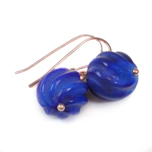 Blue Lapis Earrings Lazuli Natural Round Carved Swirl Drop Sterling Silver 14k solid gold or 14k Gold Filled Rich Beaded Accents