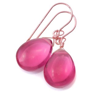 Hot Pink Earrings Smooth Pear Simulated Sapphire Teardrop Drops Sterling Silver or 14k Solid Gold  or Rose Gold Filled Fuchsia Magenta