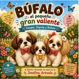 May include: A children's book cover featuring three adorable Shih Tzu puppies with brown and white fur, wearing bow ties and flower accents. The title "BÚFALO el pequeño gran valiente" is displayed above the puppies, with text in Spanish. Butterflies and hearts decorate the background.