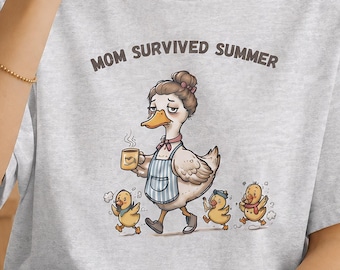 Mom Survived Summer Duck Graphic Tee, Back to School Motherhood Humor Shirt