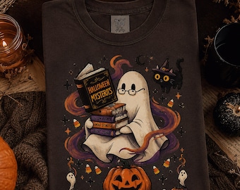 Cozy Ghost Reading Books Halloween PNG, Spooky Library Sublimation Graphic (Digital Download)