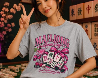 Mahjong Game Day Tee, Pink Ribbons, Tiles, Cocktail, Hearts (Sport Grey)
