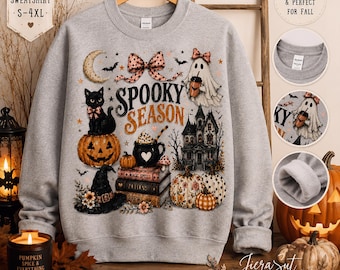 Spooky Season Ghost Pumpkin Black Cat Sweatshirt, Retro Fall Halloween Design (Digital Download)
