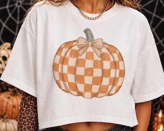 Checkered Pumpkin PNG, Coquette Bow, Girly Halloween Shirt Design (Digital Download)