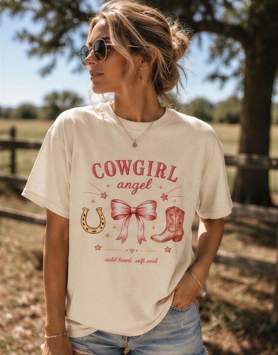 Cowgirl Angel Graphic Tee: Western Pink Bow Cowboy Boot Shirt