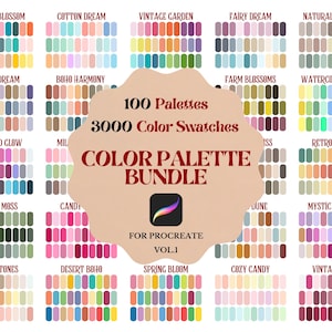 May include: A digital color palette bundle for Procreate featuring 100 palettes and 3000 color swatches. The central beige scalloped label displays the text 100 Palettes, 3000 Color Swatches, COLOR PALETTE BUNDLE, FOR PROCREATE, and VOL.1.