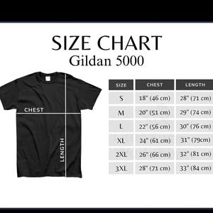 May include: Black Gildan 5000 t-shirt with a size chart. The chart shows chest and length measurements in inches and centimetres for sizes S to 3XL. Chest measurements range from 46 cm to 71 cm.