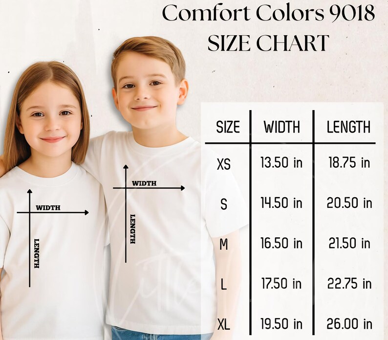 May include: Two children in white t-shirts, with a size chart showing measurements in inches. The chart lists sizes XS to XL, with widths from 34.3 cm to 49.5 cm and lengths from 47.6 cm to 66.0 cm. The text reads 'Comfort Colors 9018 SIZE CHART'.