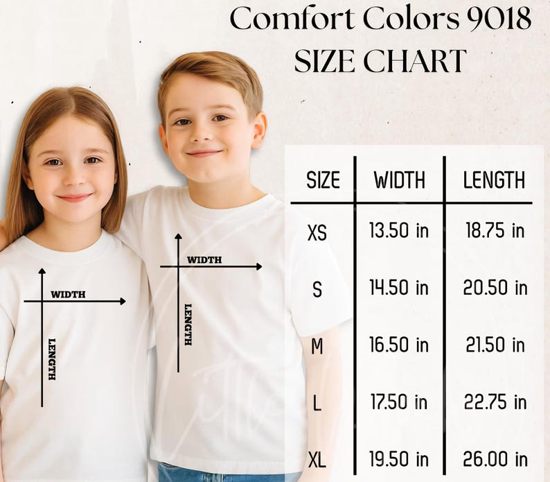 May include: Two children wearing white t-shirts, with a size chart showing measurements in inches. The chart lists sizes XS to XL, with corresponding widths from 13.50 inches to 19.50 inches and lengths from 18.75 inches to 26.00 inches.