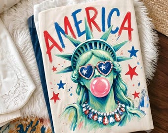 Preppy Brushstroke Statue of Liberty Blowing Bubble Png, 4th of July Png American, usa png Girly, christian patriotic png