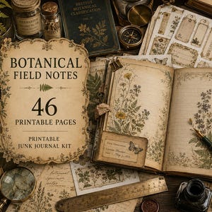 Puede incluir: Un kit de diario botánico con 46 páginas imprimibles con ilustraciones florales vintage, una pluma estilográfica, una regla de latón, un tintero y una lupa. El texto dice: BOTANICAL FIELD NOTES 46 PRINTABLE PAGES PRINTABLE JUNK JOURNAL KIT.