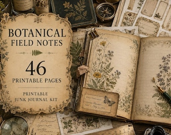 Könnte beinhalten: Ein botanisches Junk-Journal-Set mit 46 druckbaren Seiten, floralen Vintage-Illustrationen, einem Füllfederhalter, einem Messinglineal, einem Tintenfass und einer Lupe. Der Text lautet: BOTANICAL FIELD NOTES 46 PRINTABLE PAGES PRINTABLE JUNK JOURNAL KIT.