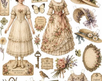 Kit imprimable vintage de poupée de papier botanique | Éphémères du journal indésirable Shabby Chic | Poupée florale victorienne, robes et accessoires PNG