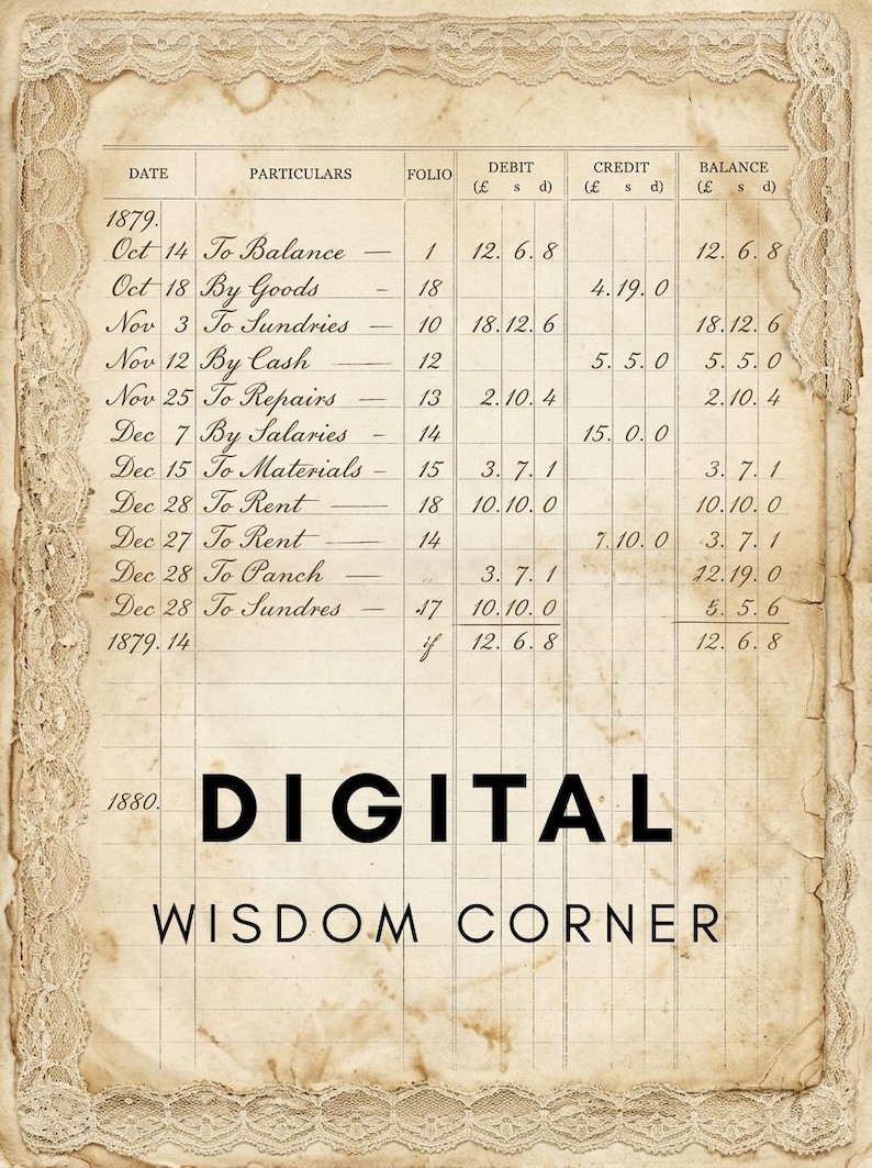 May include: A vintage-style ledger page with aged, stained paper and a cream-colored lace border. The document features handwritten financial entries from 1879, organized in columns for date, particulars, folio, debit, credit, and balance. Text reads DIGITAL WISDOM CORNER.