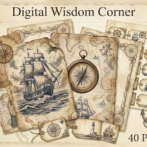以下が含まれることがあります： Digital Wisdom Cornerと題された40ページのコレクションで、ヴィンテージの航海イラストが特徴です。このセットには、セピア色とダークブルーの色調で描かれた、古びた紙の質感、帆船、コンパス、灯台、錨、地図の図面が含まれています。