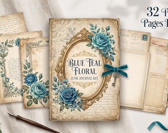 Blue Teal Floral Junk Journal Kit, Shabby Chic Ephemera, Cottagecore Scrapbook Papers (Digital Download)