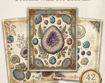 Könnte beinhalten: Drei Papierbögen im Vintage-Stil mit dem Text DIGITAL WISDOM CORNER und 42 PAGES. Die Designs zeigen Illustrationen von violetten Amethyst-Geoden, verschiedenen Kristallen, Farnen und Fossilien in verzierten, rechteckigen Rahmen.