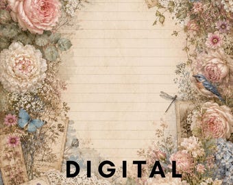Könnte beinhalten: Eine linierte Schreibpapierseite mit einem Blumenrand aus rosa Rosen, blauen Hortensien, einem Kolibri, einer Libelle und Schmetterlingen. Der Text DIGITAL Wisdom Corner ist unten zentriert. Das Design enthält Vintage-Papierakzente und Spitze.
