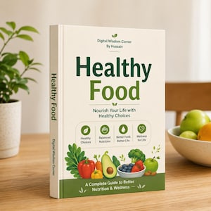 May include: A hardcover book titled "Healthy Food" by Hussain. The cover features the title in large green letters, with illustrations of fruits and vegetables. The book promotes healthy eating and nutrition.