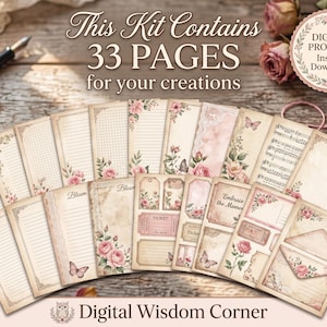 May include: A digital kit containing 33 pages of stationery with vintage-style floral and butterfly illustrations. The pages feature lined, grid, and blank designs, along with tags, tickets, and envelope templates in shades of cream, pink, and brown.