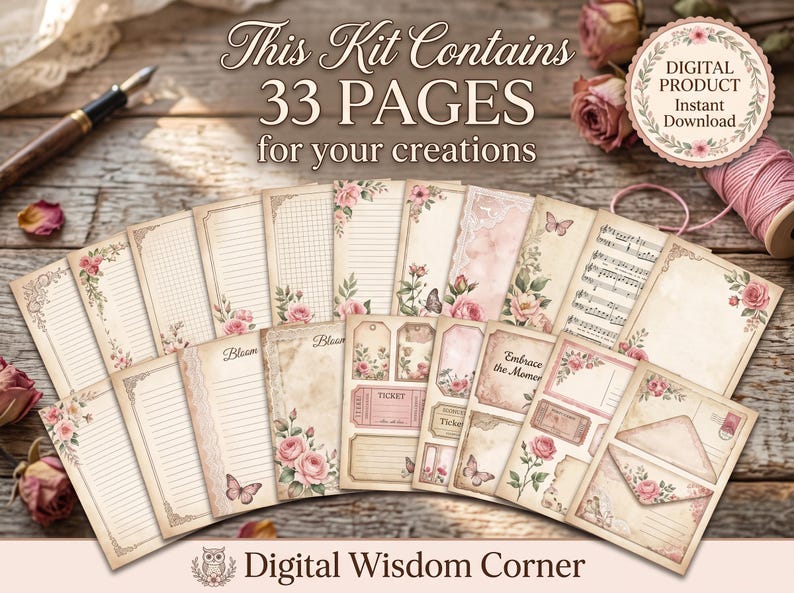May include: A digital kit containing 33 pages of stationery with vintage-style floral and butterfly illustrations. The pages feature lined, grid, and blank designs, along with tags, tickets, and envelope templates in shades of cream, pink, and brown.