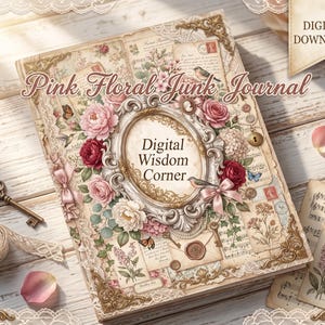 May include: A journal cover featuring a pink floral design with a central ornate frame containing the text Digital Wisdom Corner. The cover includes images of birds, butterflies, envelopes, and music sheets. The text Pink Floral Junk Journal and Digital Download are visible.
