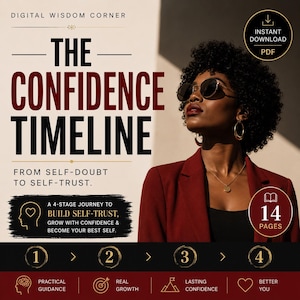 May include: A digital PDF download titled The Confidence Timeline: From Self-Doubt to Self-Trust. The document features 14 pages, a 4-stage journey, and sections for practical guidance, real growth, lasting confidence, and a better you.