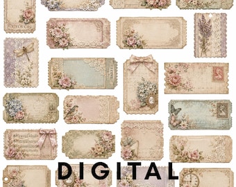 Könnte beinhalten: Eine Sammlung von rechteckigen und geformten Papieranhängern mit floralen Mustern im Vintage-Stil, Spitzenstrukturen, Vögeln, Schmetterlingen, Uhren und Schriftzügen in gedeckten Pastelltönen wie Rosa, Blau, Creme und Grün mit dem Text DIGITAL WISDOM CORNER.
