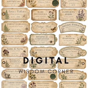May include: A collection of rectangular and ornate paper labels featuring botanical illustrations, vintage typography, and aged parchment textures. Each label displays unique text such as Herbal Remedies, Wild Botanical, and Garden Apothecary.