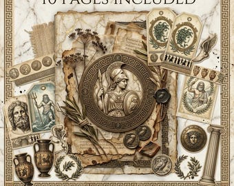 Könnte beinhalten: Eine Sammlung digitaler Ephemera mit griechischen Mythologiemotiven, darunter ein zentrales Medaillon der Athena, verschiedene Anhänger mit Darstellungen von Göttern, Vasen, Münzen und Olivenzweigen, vor einem Marmorhintergrund mit dem Text 40 PAGES INCLUDED und DIGITAL WISDOM CORNER.