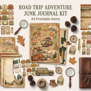 Pode incluir: Um kit de diário de viagem Road Trip Adventure com 44 itens imprimíveis, incluindo folhas de papel vintage, etiquetas, adesivos, lupas, bússolas, pinhas, folhas de outono e um diário de couro castanho com chaves.