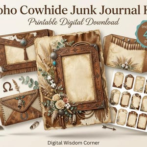 May include: A Boho Cowhide Junk Journal Kit printable digital download featuring 40 pages. The set includes envelopes with cowhide patterns, a central frame decorated with flowers and feathers, and a sheet of various blank rectangular tags.