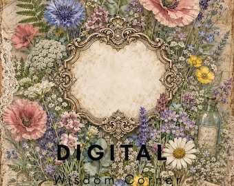 Könnte beinhalten: Eine dekorative Collage mit einem zentralen, verzierten Goldrahmen, umgeben von Wildblumen, Mohnblumen, Gänseblümchen und Lavendel. Enthält eine Vintage-Gießkanne, eine Glasflasche mit der Aufschrift EAU DE LAVANDE, Spitzenbesatz und den Text DIGITAL Wisdom Corner.