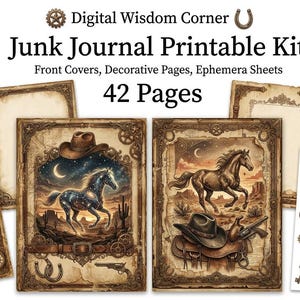 Könnte beinhalten: Ein druckbares Junk-Journal-Set mit 42 Seiten voller Ephemera, dekorativen Seiten und Einbänden im Western-Stil. Die Sammlung enthält Illustrationen von Pferden, Cowboyhüten, Sätteln, Revolvern und Zahnrädern in Sepiatönen.
