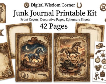 May include: A junk journal printable kit featuring 42 pages of western-themed ephemera, decorative pages, and front covers. The collection includes illustrations of horses, cowboy hats, saddles, revolvers, and gears in sepia tones.