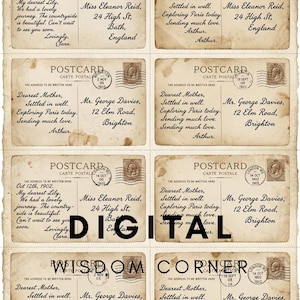 May include: A sheet of eight vintage-style postcards with aged, tan paper textures. Each card features printed cursive correspondence, addresses to Bath or Brighton, and circular postmarks with dates from 1902 to 1905. The text DIGITAL WISDOM CORNER is overlaid.