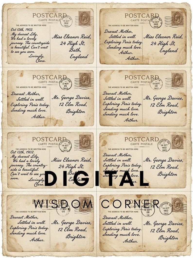 May include: A sheet of eight vintage-style postcards with aged, tan paper textures. Each card features printed cursive correspondence, addresses to Bath or Brighton, and circular postmarks with dates from 1902 to 1905. The text DIGITAL WISDOM CORNER is overlaid.
