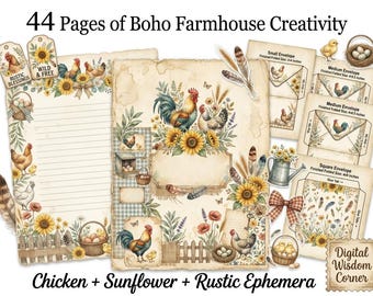 Boho Chicken Junk Journal Kit, Farmhouse Printable Papers, Sunflower Hen Ephemera, Rustic Chicken Scrapbook, Vintage Farm Kit