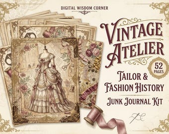 Könnte beinhalten: Ein digitales Junk-Journal-Set mit dem Titel Vintage Atelier Tailor & Fashion History mit 52 Seiten. Das Bild zeigt geschichtete Papierbögen mit Illustrationen von Schneiderpuppen, Nähzubehör und Blumenmustern in Creme, Braun und Rosa.