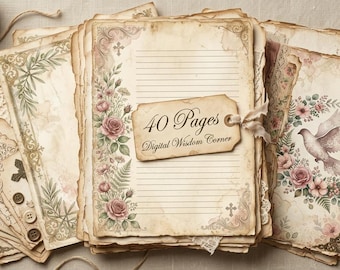 Könnte beinhalten: Ein Stapel Papierbögen im Vintage-Stil mit ausgefransten Rändern, verziert mit Blumenillustrationen, Kreuzen und einer Taube. Ein mit einer Schnur befestigtes Papieretikett trägt den Text 40 Pages Digital Wisdom Corner auf cremefarbenem Papier.