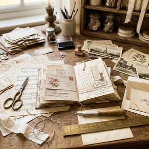 May include: An open scrapbook on a wooden desk featuring vintage postcards, handwritten notes, and floral illustrations. Nearby are metal scissors, a craft knife, a brass ruler measuring 6 inches, a spool of white ribbon, and various stationery items.