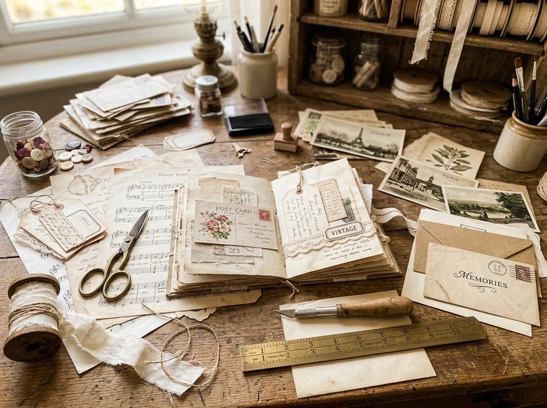 May include: An open scrapbook on a wooden desk featuring vintage postcards, handwritten notes, and floral illustrations. Nearby are metal scissors, a craft knife, a brass ruler measuring 6 inches, a spool of white ribbon, and various stationery items.