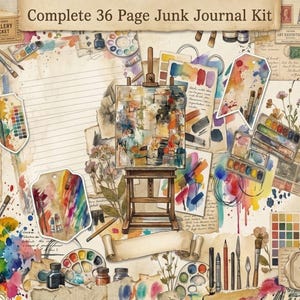 May include: A complete 36 page junk journal kit featuring an artist easel with a canvas, watercolor paint sets, brushes, ink bottles, vintage paper scraps, floral illustrations, and paint palettes. The text reads Complete 36 Page Junk Journal Kit.