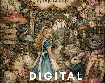 Alice in Wonderland Junk Journal Kit Printable | Vintage Ephemera, Writing Pages, Tags, Fussy Cut Elements, Victorian Fantasy Scrapbook